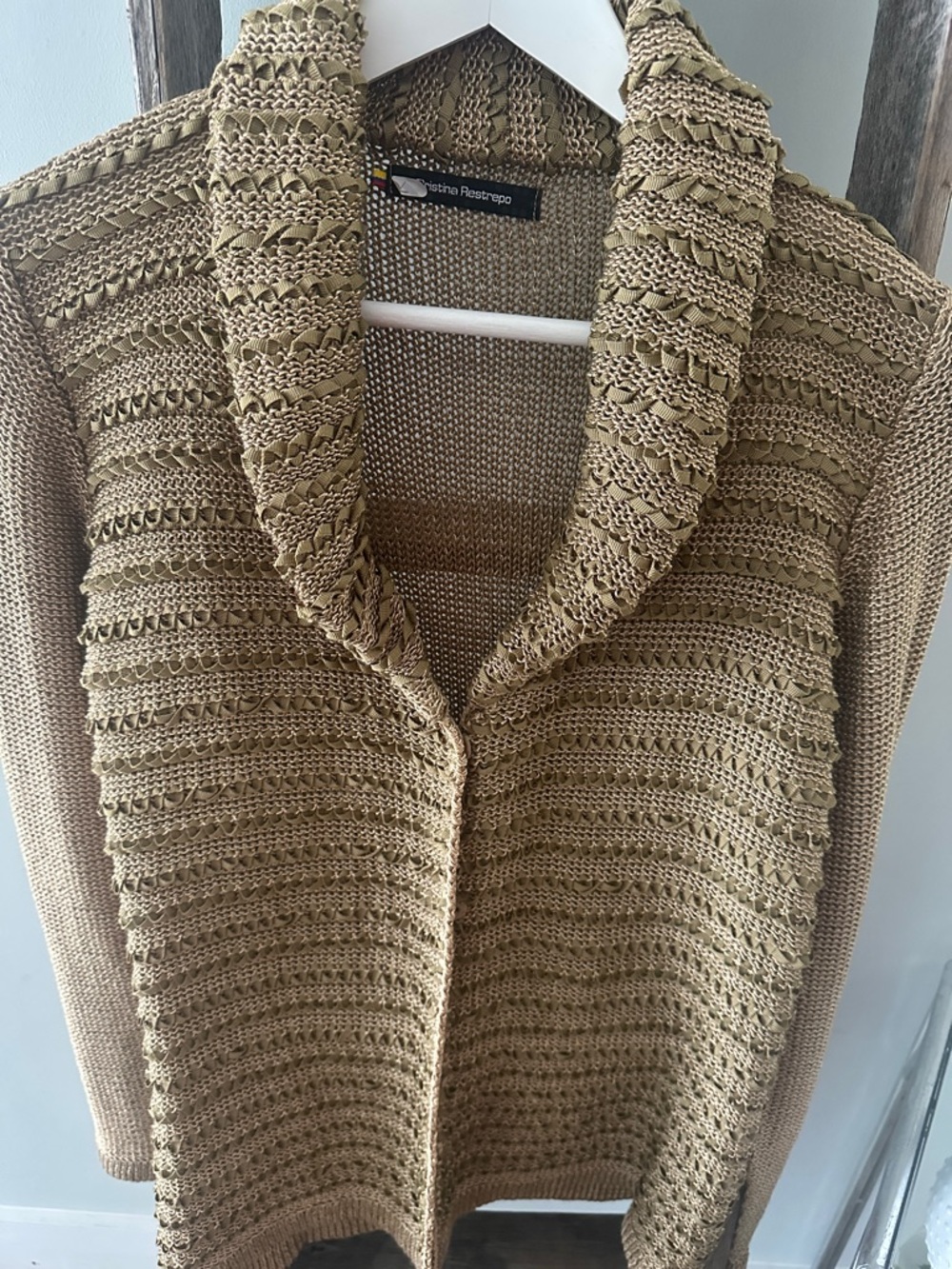 Open-Front Shawl Collar Cardigan Sweater in Tan